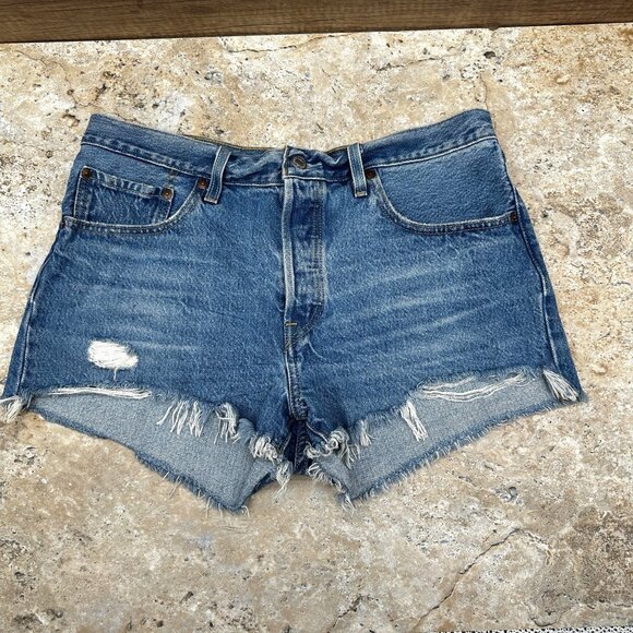 Levi’s Premium 501 High Rise Denim Cutoff Shorts W31 Distressed Frayed Hem Blue - Picture 1 of 12